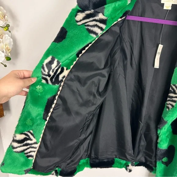 Maeve by Anthropologie Faux Fur Coat Green Black Multi Hearts Sz Medium NWT - Picture 9 of 16
